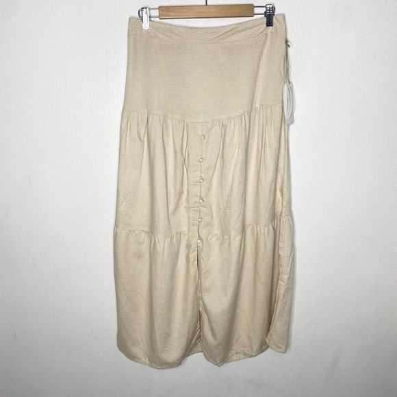 New Midnight Sky Beige Linen Blend Tiered Button Front‎ MIDI Skirt Women’s Large - Picture 1 of 12